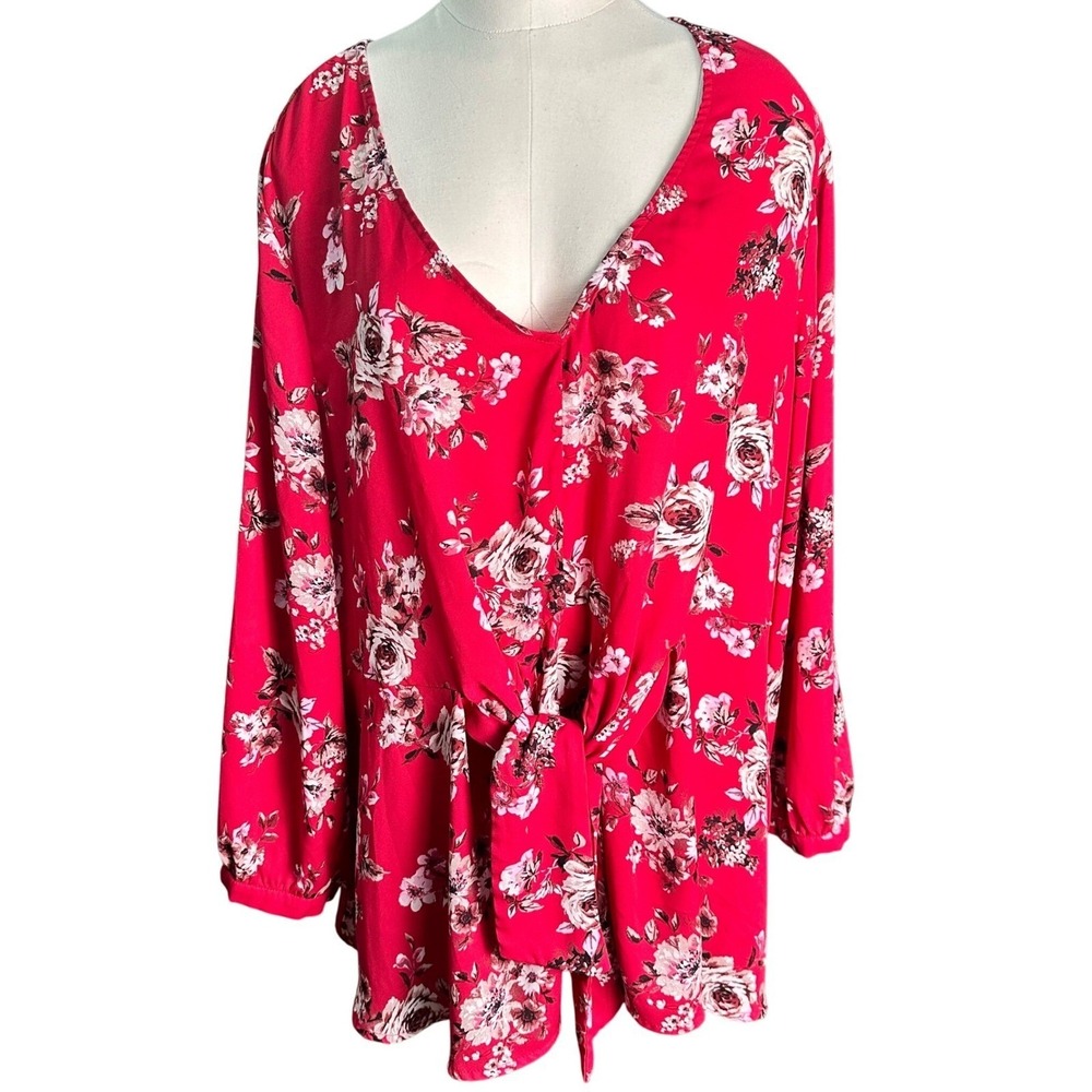 Torrid Floral Tie Front Blouse‎ Womens 3 Red V-Neck Long Sleeve Peplum Top